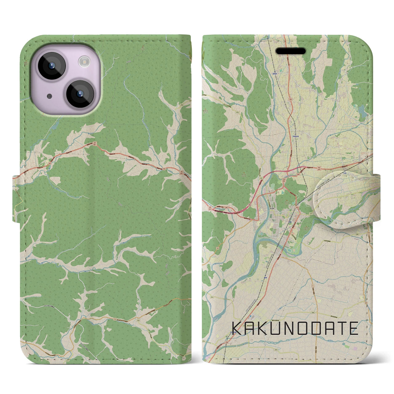 【角館(秋田県)】地図柄iPhoneケース(手帳タイプ)ナチュラル・iPhone 14 用