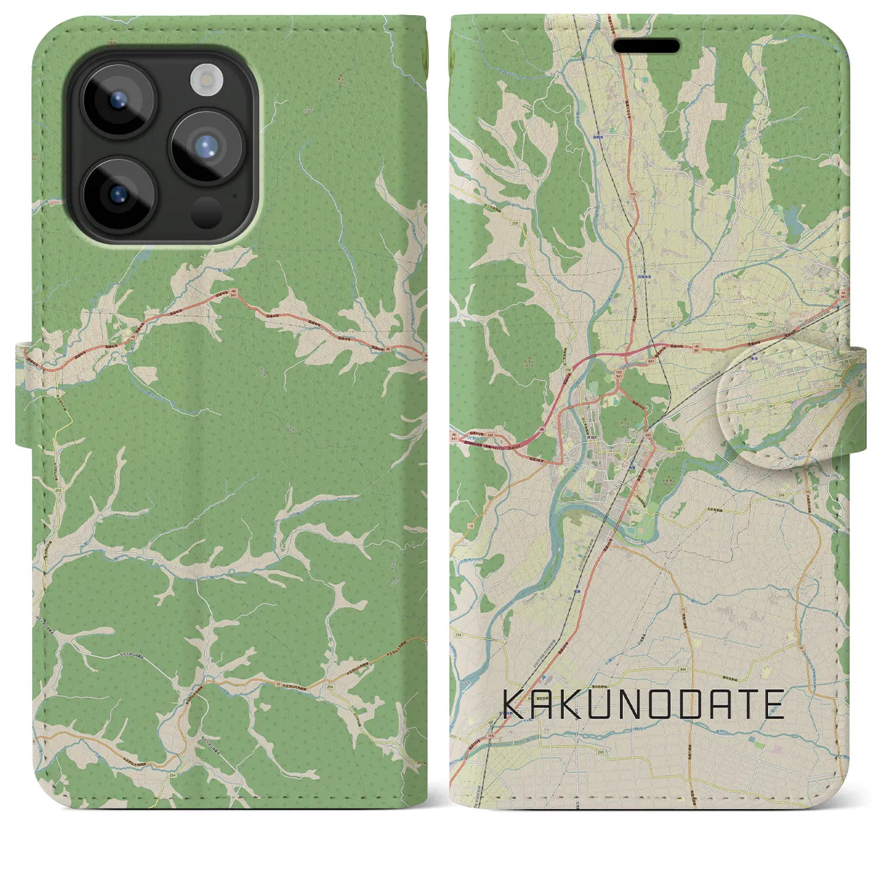 【角館(秋田県)】地図柄iPhoneケース(手帳タイプ)ナチュラル・iPhone 15 Pro Max 用