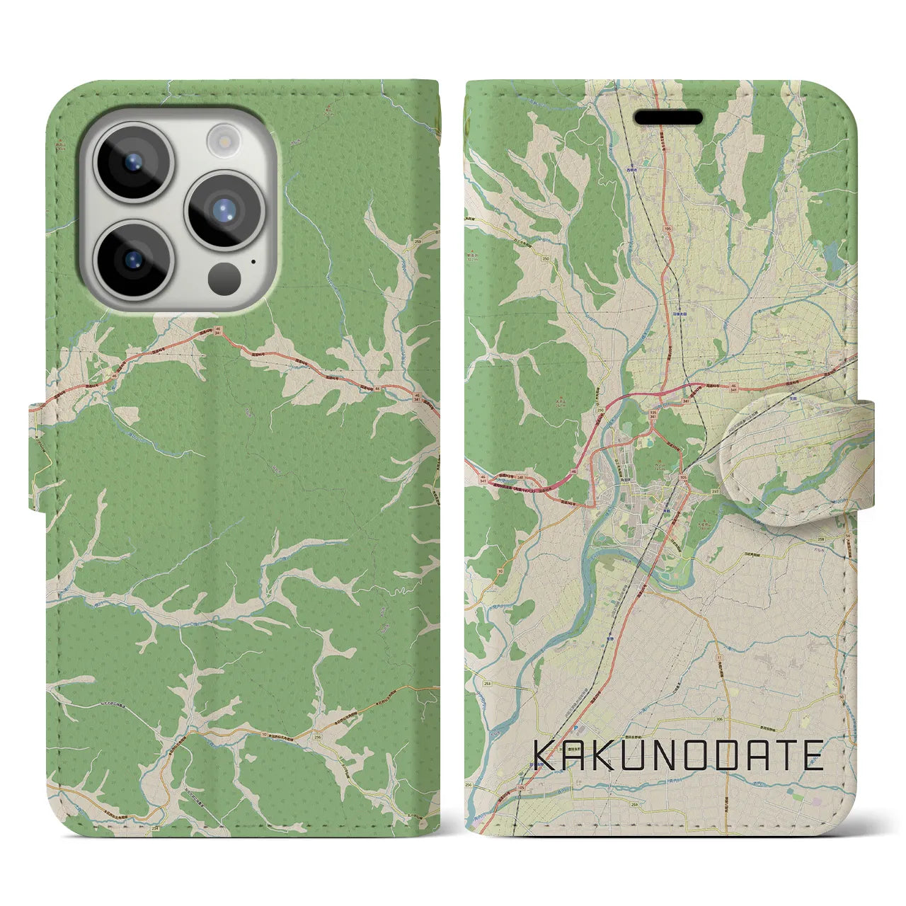 【角館(秋田県)】地図柄iPhoneケース(手帳タイプ)ナチュラル・iPhone 15 Pro 用