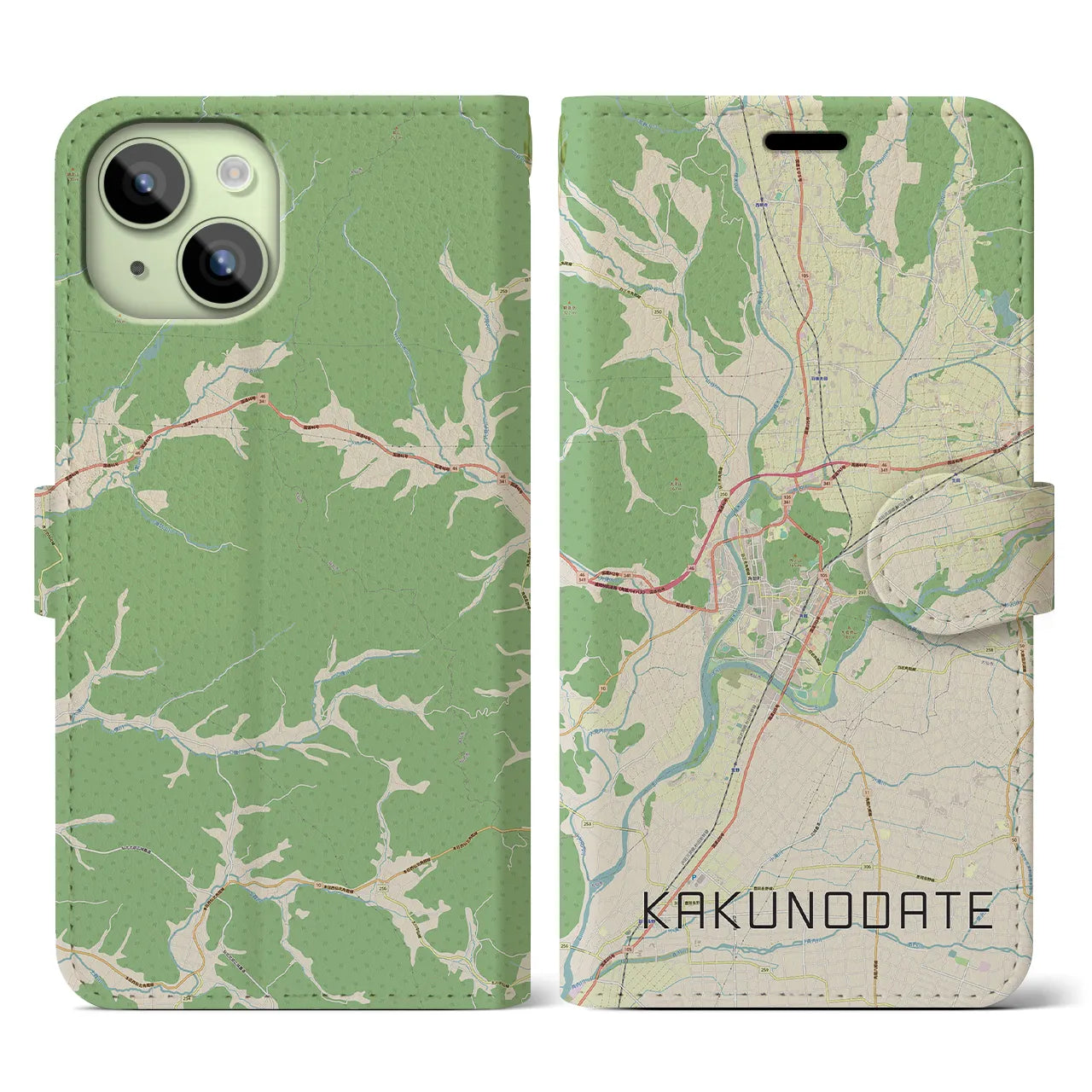 【角館(秋田県)】地図柄iPhoneケース(手帳タイプ)ナチュラル・iPhone 15 用