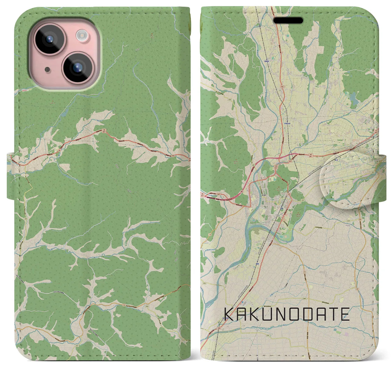 【角館(秋田県)】地図柄iPhoneケース(手帳タイプ)ナチュラル・iPhone 15 Plus 用