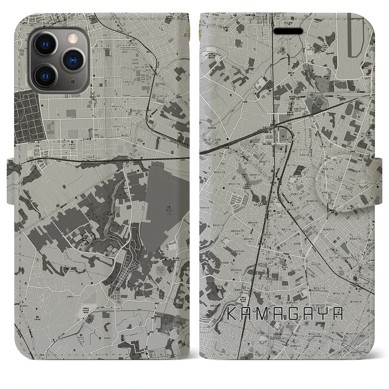 【鎌ケ谷(千葉県)】地図柄iPhoneケース(手帳タイプ)モノトーン・iPhone 11 Pro Max 用