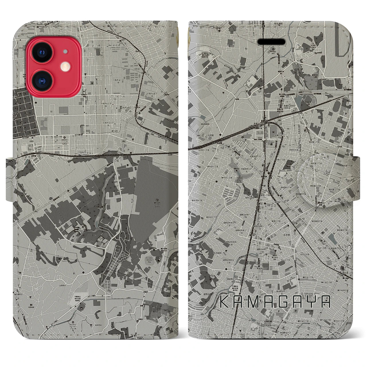 【鎌ケ谷(千葉県)】地図柄iPhoneケース(手帳タイプ)モノトーン・iPhone 11 用