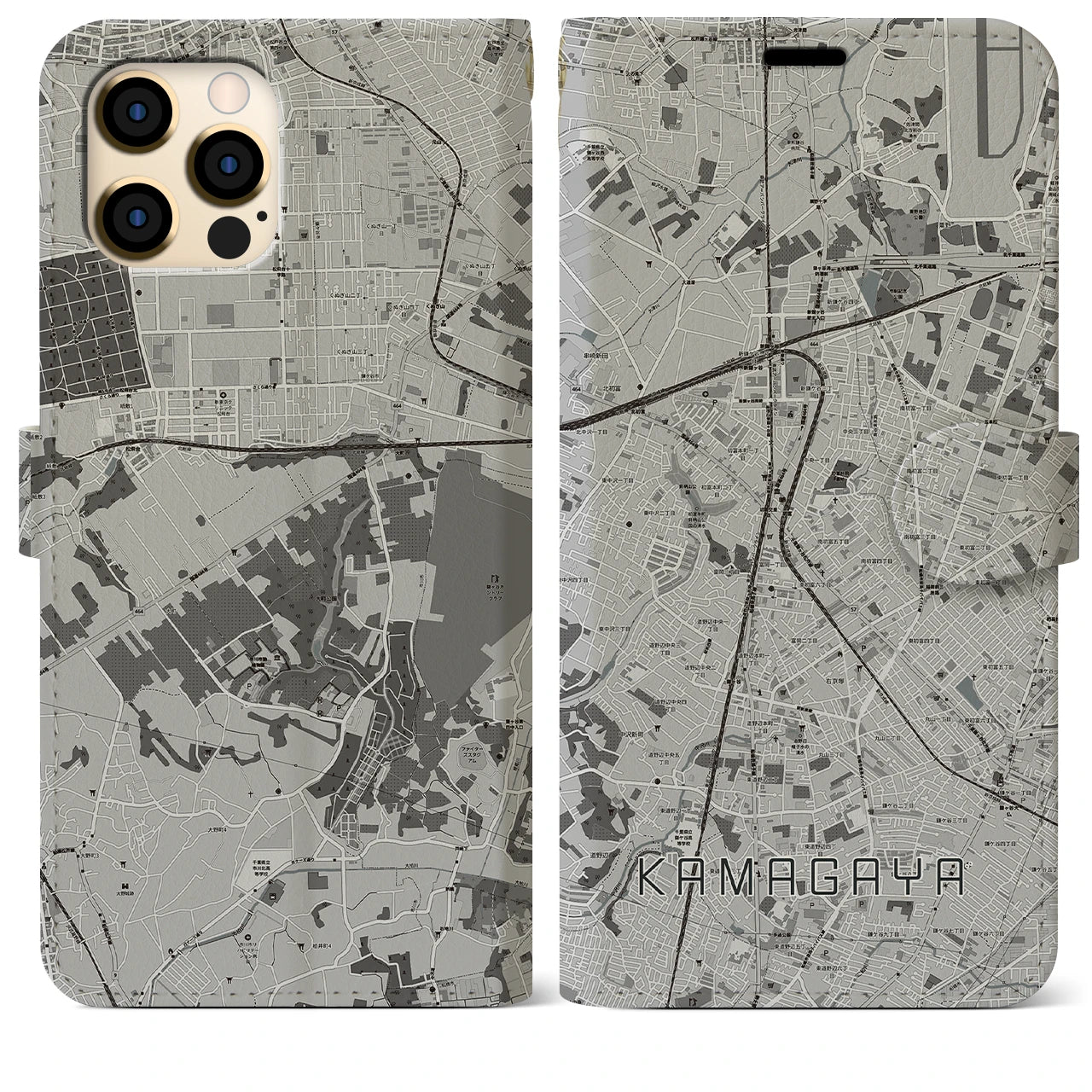 【鎌ケ谷(千葉県)】地図柄iPhoneケース(手帳タイプ)モノトーン・iPhone 12 Pro Max 用