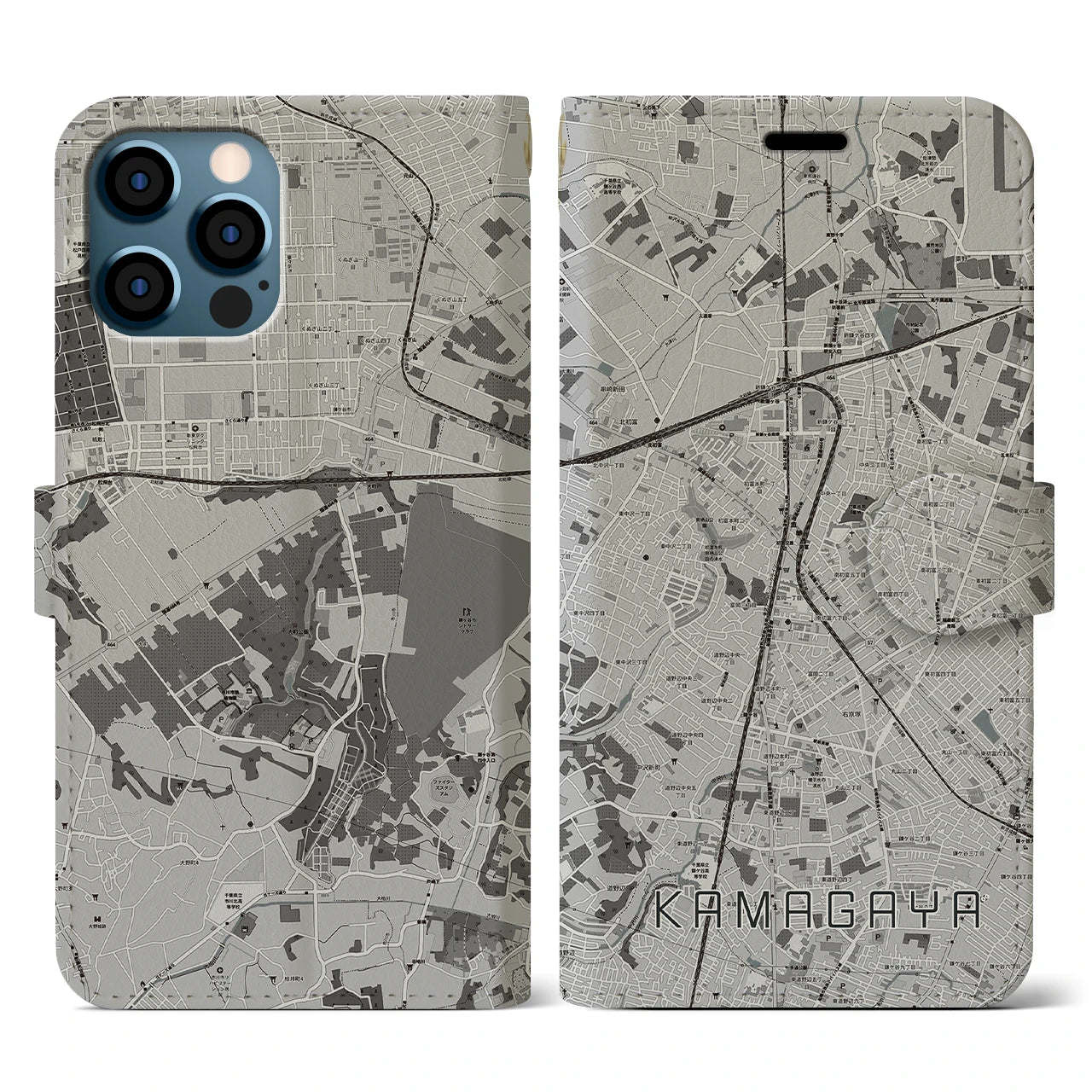 【鎌ケ谷(千葉県)】地図柄iPhoneケース(手帳タイプ)モノトーン・iPhone 12 / 12 Pro 用