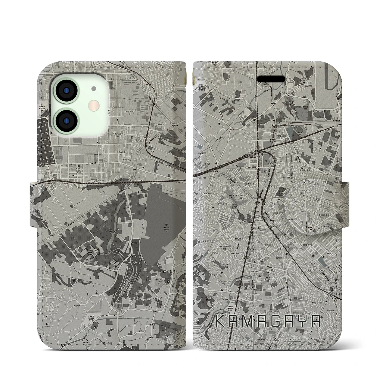 【鎌ケ谷(千葉県)】地図柄iPhoneケース(手帳タイプ)モノトーン・iPhone 12 mini 用