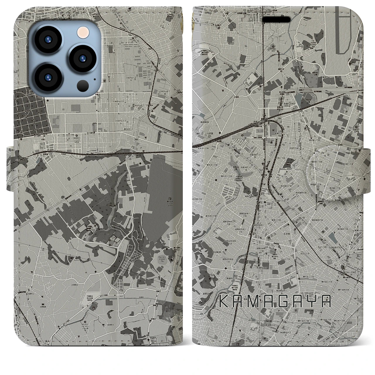 【鎌ケ谷(千葉県)】地図柄iPhoneケース(手帳タイプ)モノトーン・iPhone 13 Pro Max 用