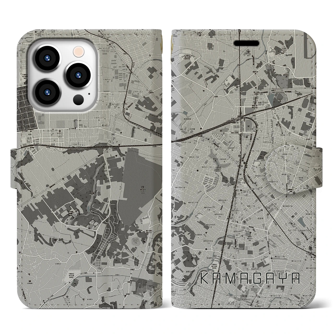 【鎌ケ谷(千葉県)】地図柄iPhoneケース(手帳タイプ)モノトーン・iPhone 13 Pro 用