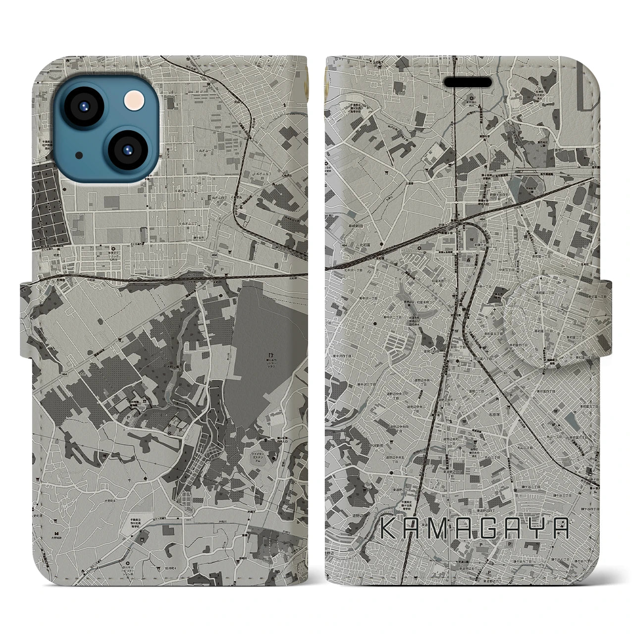 【鎌ケ谷(千葉県)】地図柄iPhoneケース(手帳タイプ)モノトーン・iPhone 13 用
