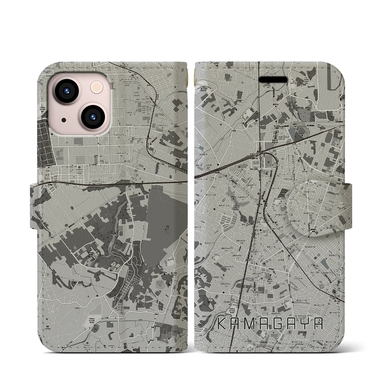 【鎌ケ谷(千葉県)】地図柄iPhoneケース(手帳タイプ)モノトーン・iPhone 13 mini 用