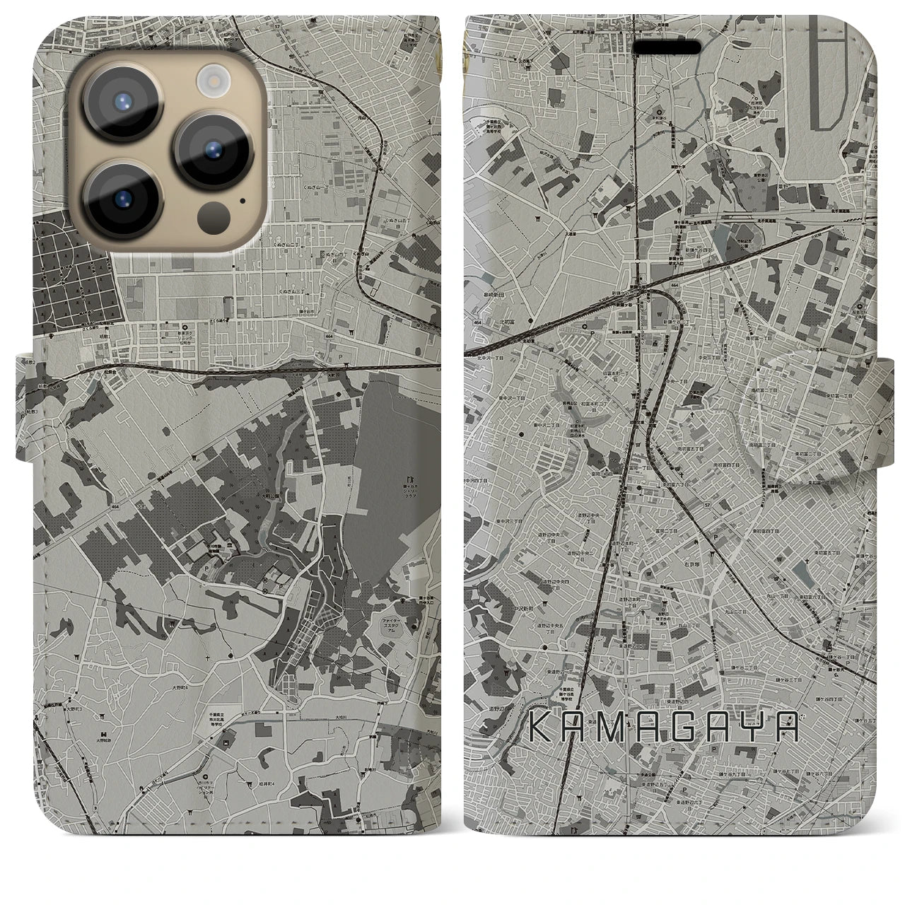 【鎌ケ谷(千葉県)】地図柄iPhoneケース(手帳タイプ)モノトーン・iPhone 14 Pro Max 用