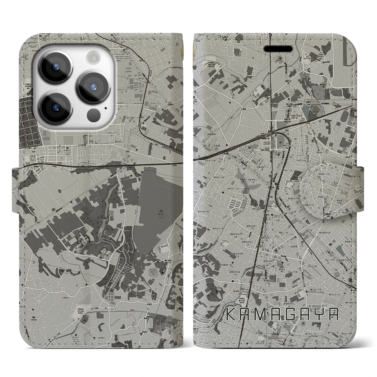 【鎌ケ谷(千葉県)】地図柄iPhoneケース(手帳タイプ)モノトーン・iPhone 14 Pro 用