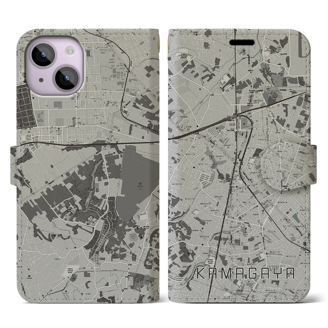 【鎌ケ谷(千葉県)】地図柄iPhoneケース(手帳タイプ)モノトーン・iPhone 14 用