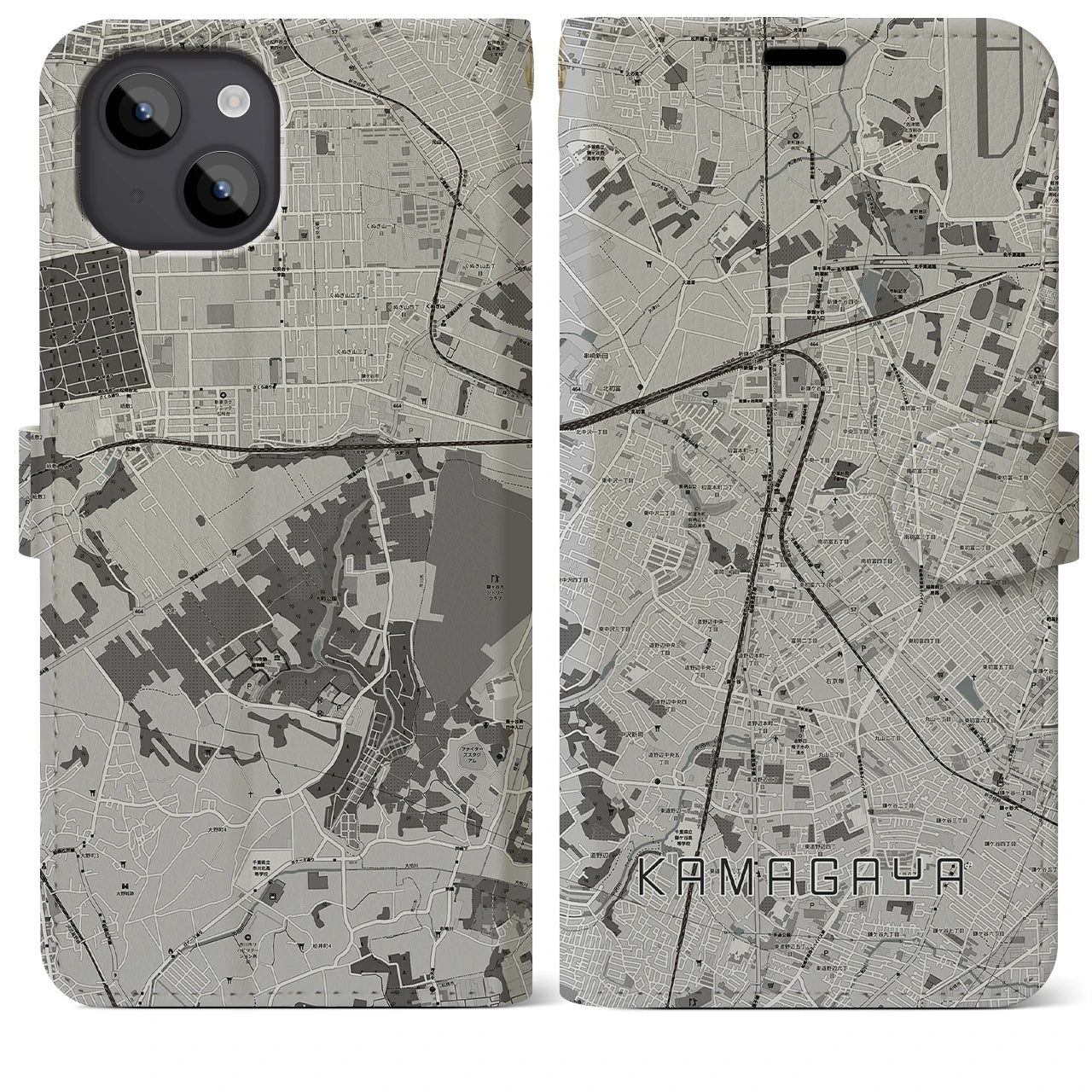 【鎌ケ谷(千葉県)】地図柄iPhoneケース(手帳タイプ)モノトーン・iPhone 14 Plus 用