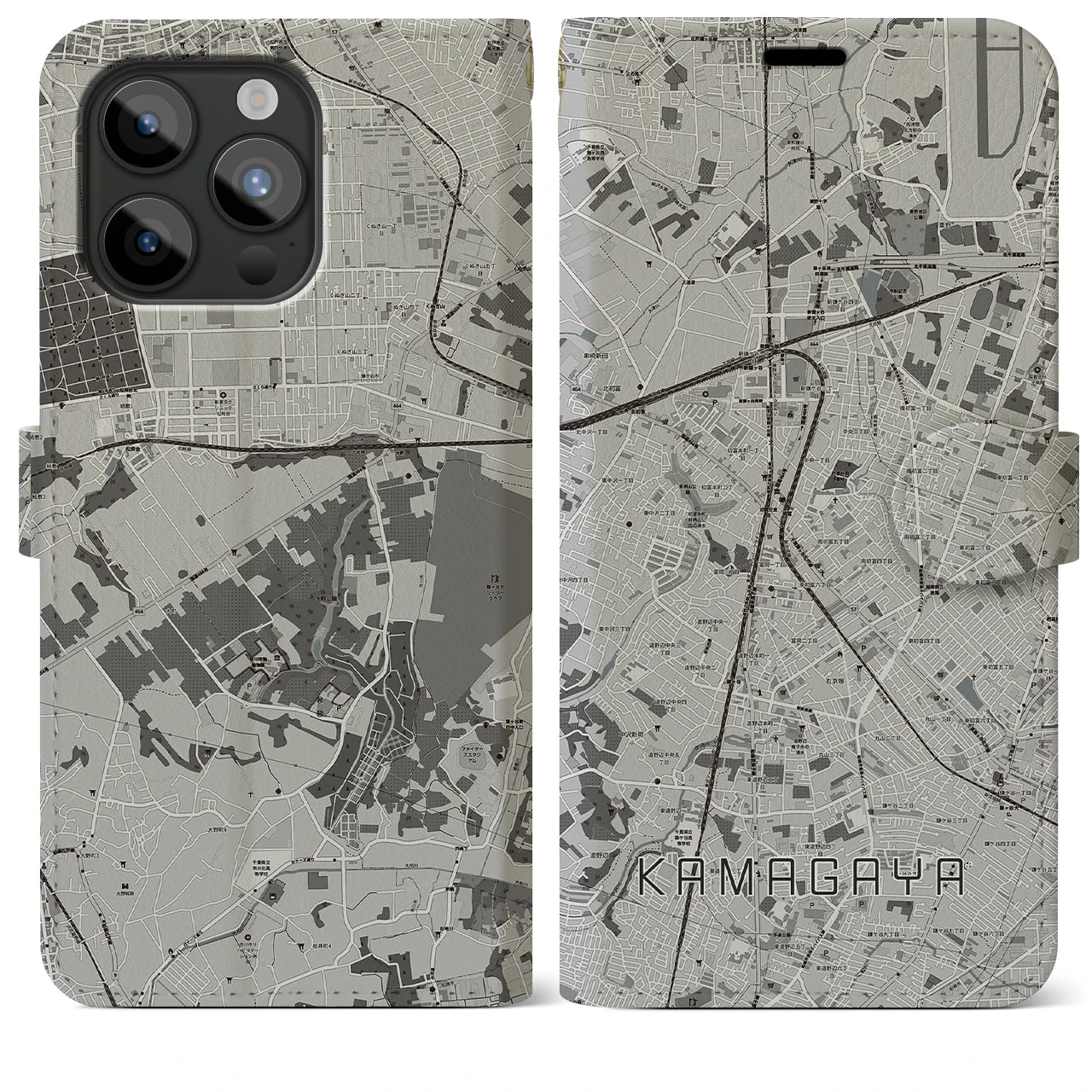 【鎌ケ谷(千葉県)】地図柄iPhoneケース(手帳タイプ)モノトーン・iPhone 15 Pro Max 用