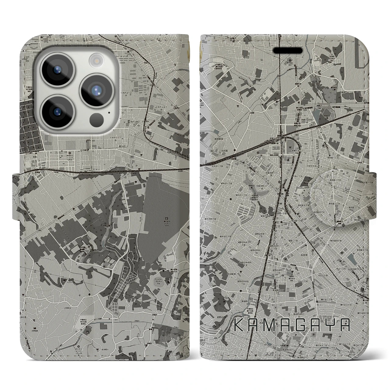 【鎌ケ谷(千葉県)】地図柄iPhoneケース(手帳タイプ)モノトーン・iPhone 15 Pro 用