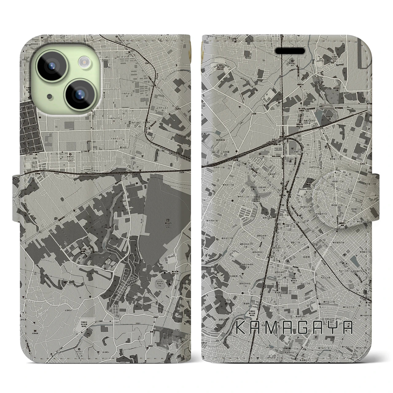 【鎌ケ谷(千葉県)】地図柄iPhoneケース(手帳タイプ)モノトーン・iPhone 15 用