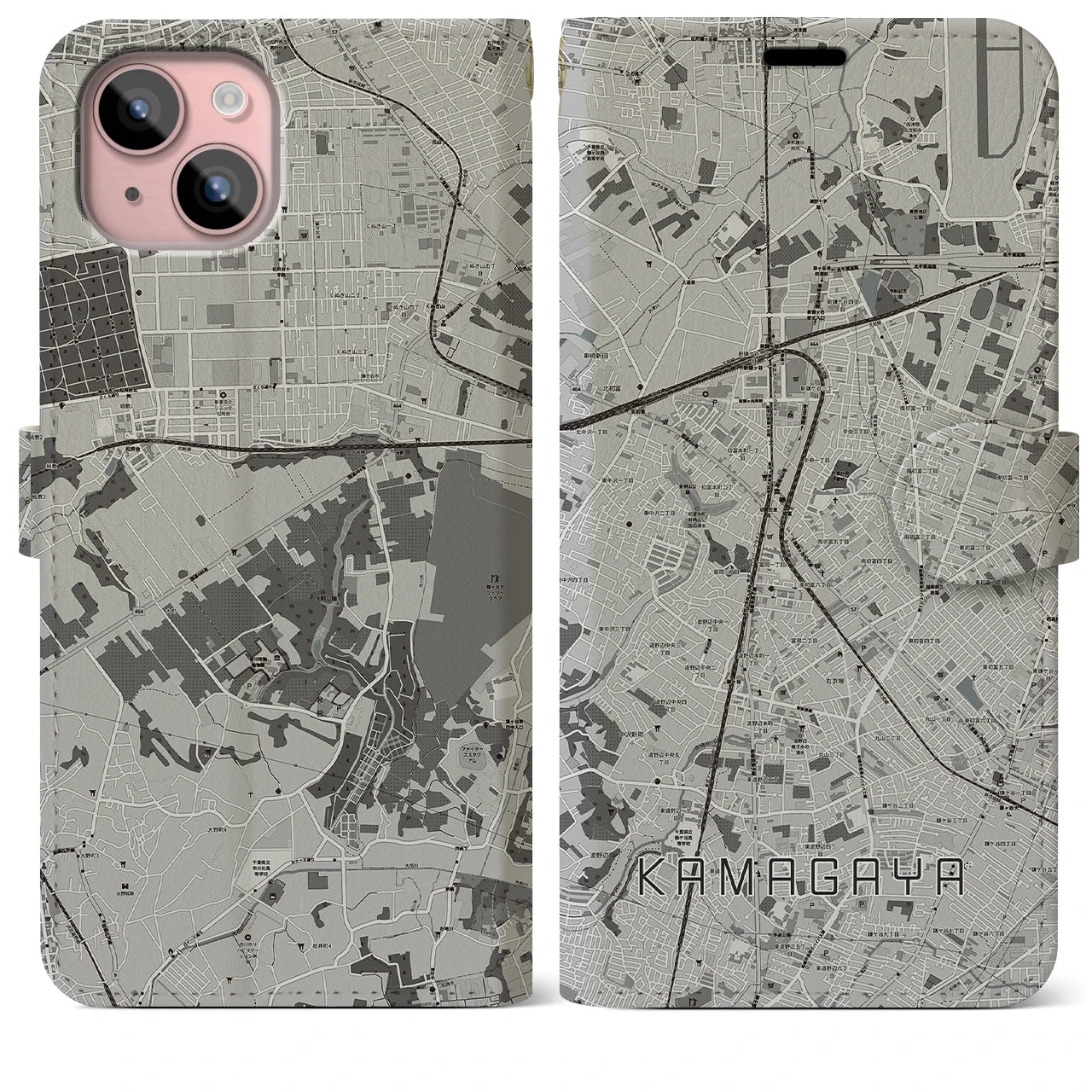 【鎌ケ谷(千葉県)】地図柄iPhoneケース(手帳タイプ)モノトーン・iPhone 15 Plus 用