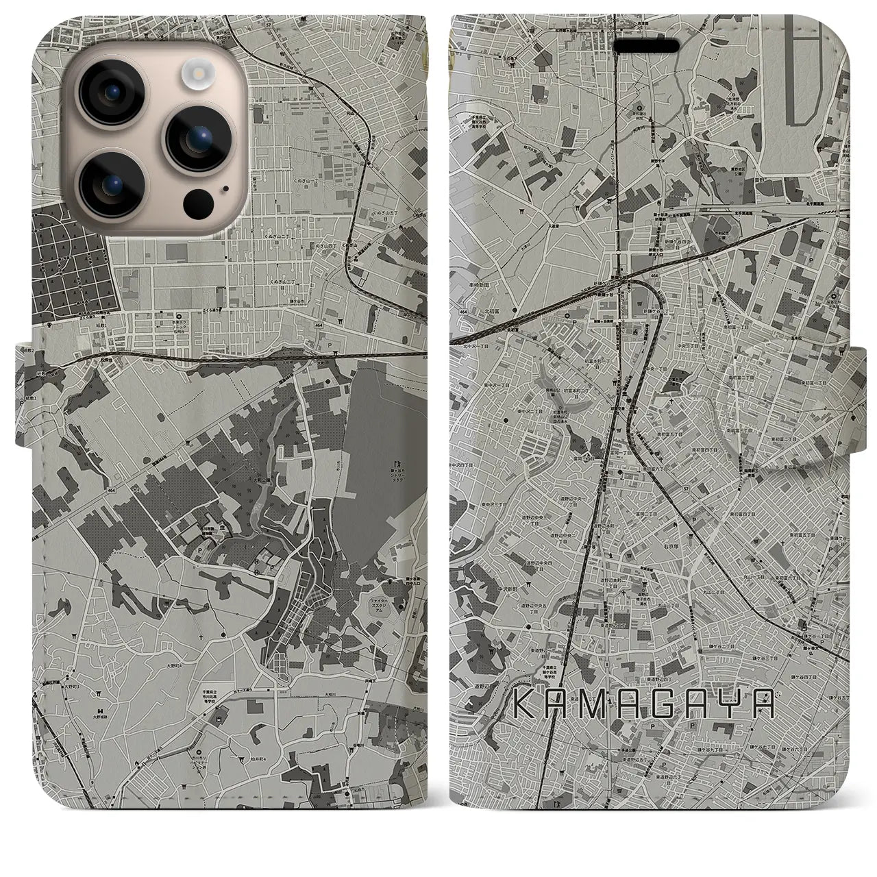 【鎌ケ谷(千葉県)】地図柄iPhoneケース(手帳タイプ)モノトーン・iPhone 16 Plus 用