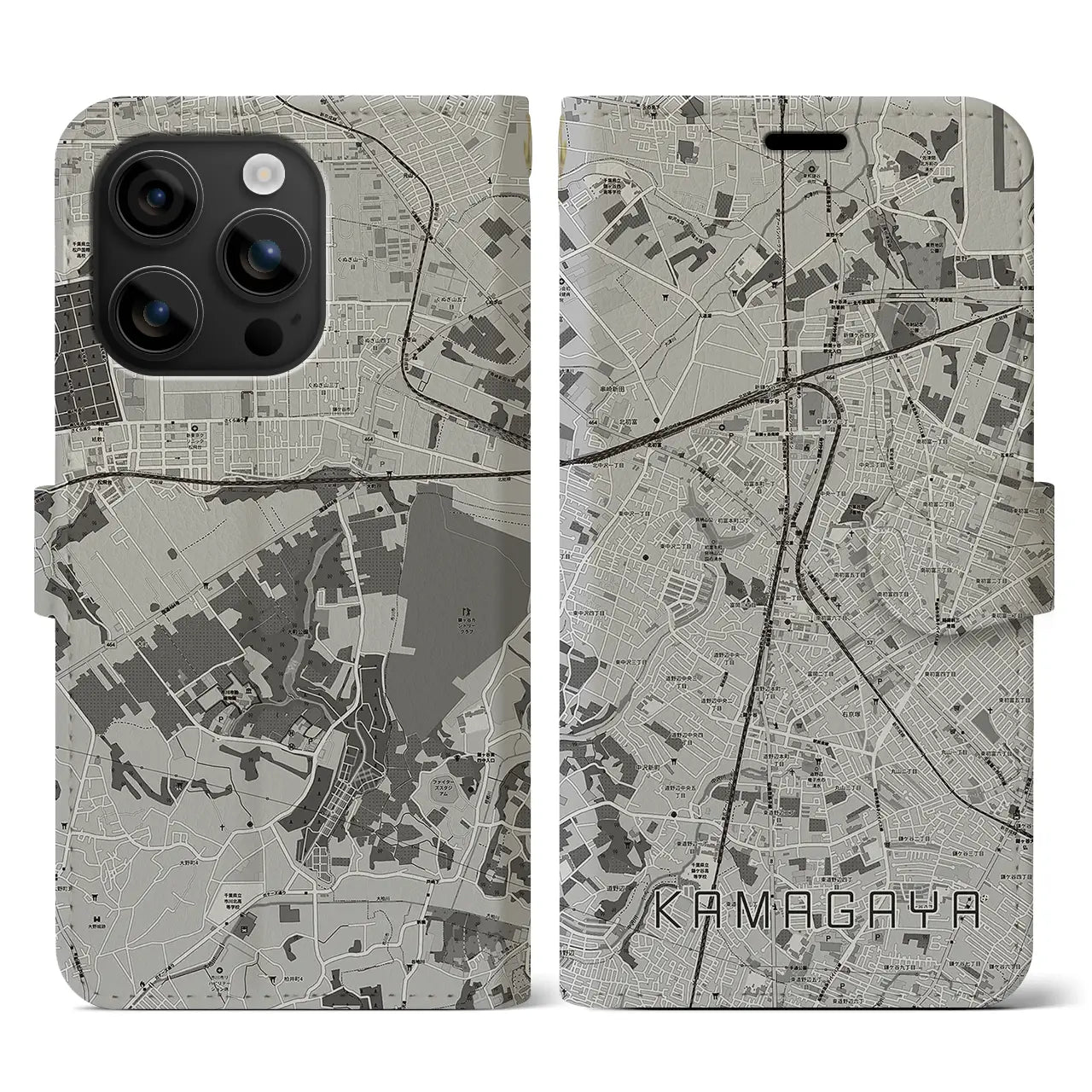 【鎌ケ谷(千葉県)】地図柄iPhoneケース(手帳タイプ)モノトーン・iPhone 16 用