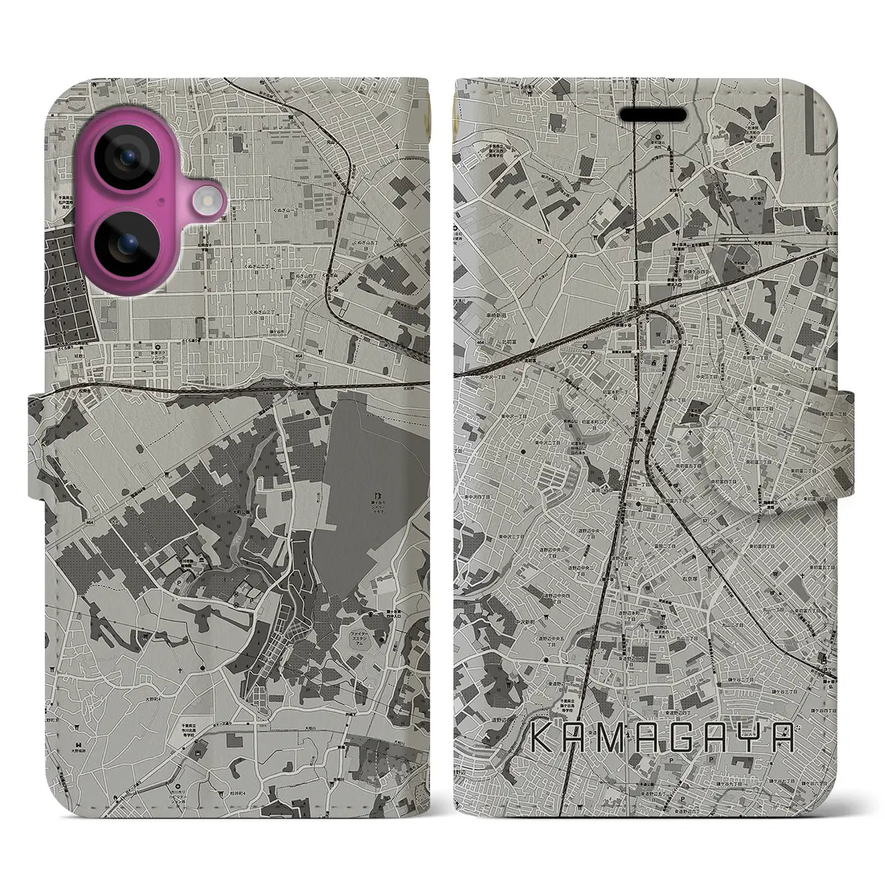 【鎌ケ谷(千葉県)】地図柄iPhoneケース(手帳タイプ)モノトーン・iPhone 16 Pro 用