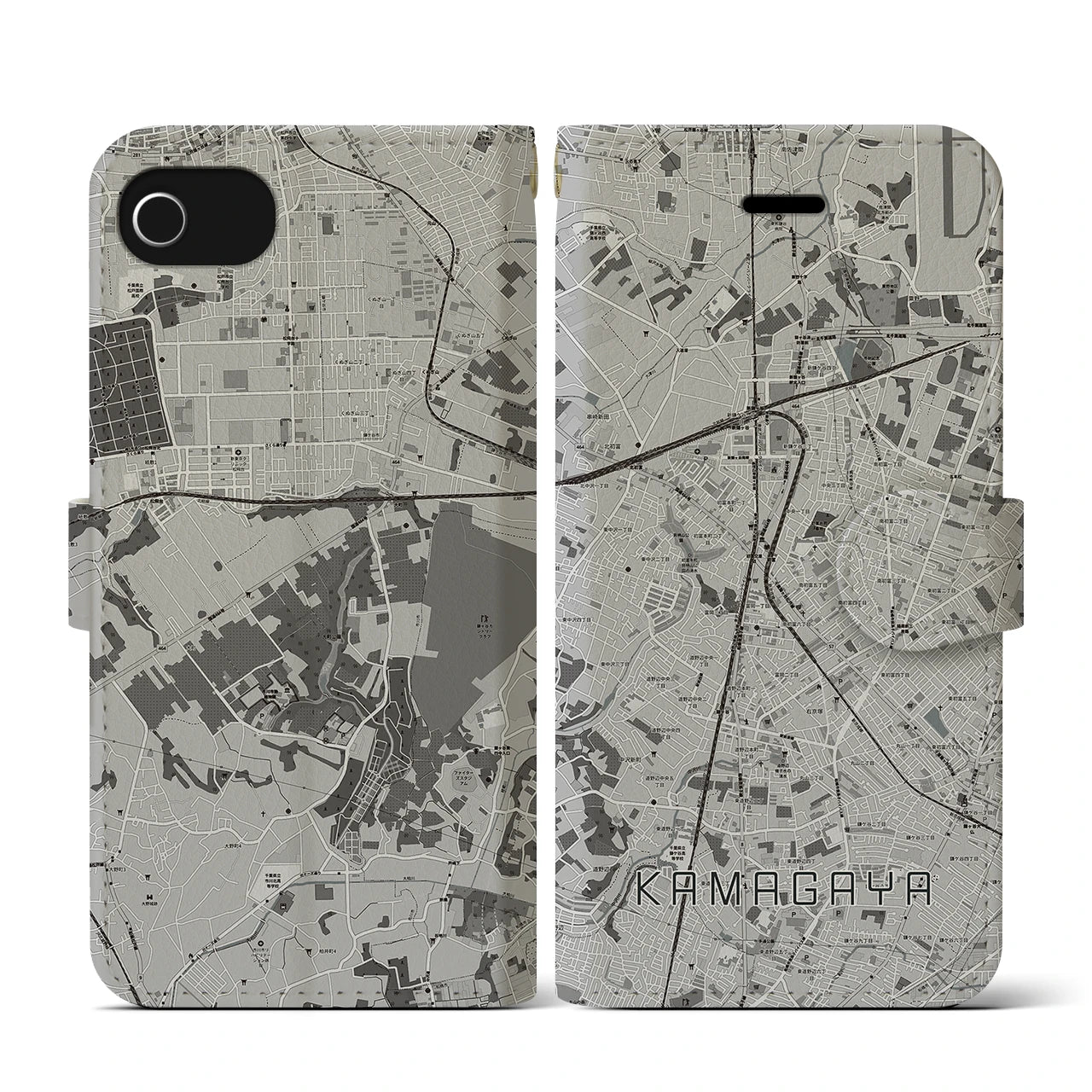 【鎌ケ谷(千葉県)】地図柄iPhoneケース(手帳タイプ)モノトーン・iPhone SE(第3 / 第2世代) / 8 / 7 / 6s / 6 用