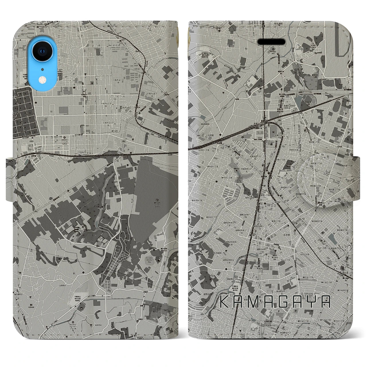 【鎌ケ谷(千葉県)】地図柄iPhoneケース(手帳タイプ)モノトーン・iPhone XR 用