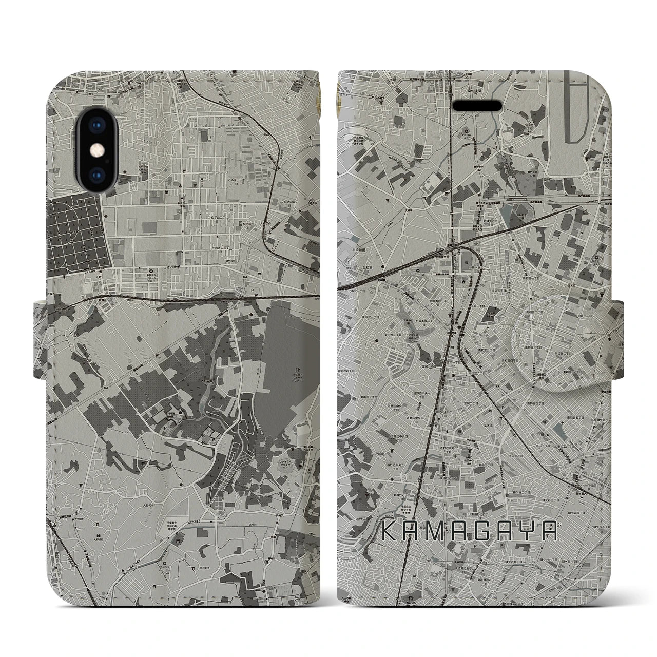 【鎌ケ谷(千葉県)】地図柄iPhoneケース(手帳タイプ)モノトーン・iPhone XS / X 用
