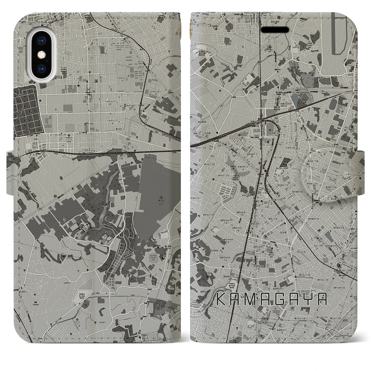 【鎌ケ谷(千葉県)】地図柄iPhoneケース(手帳タイプ)モノトーン・iPhone XS Max 用