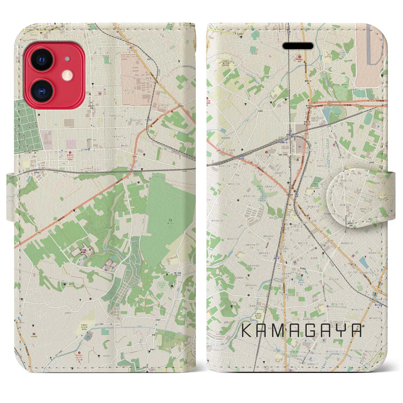 【鎌ケ谷(千葉県)】地図柄iPhoneケース(手帳タイプ)ナチュラル・iPhone 11 用