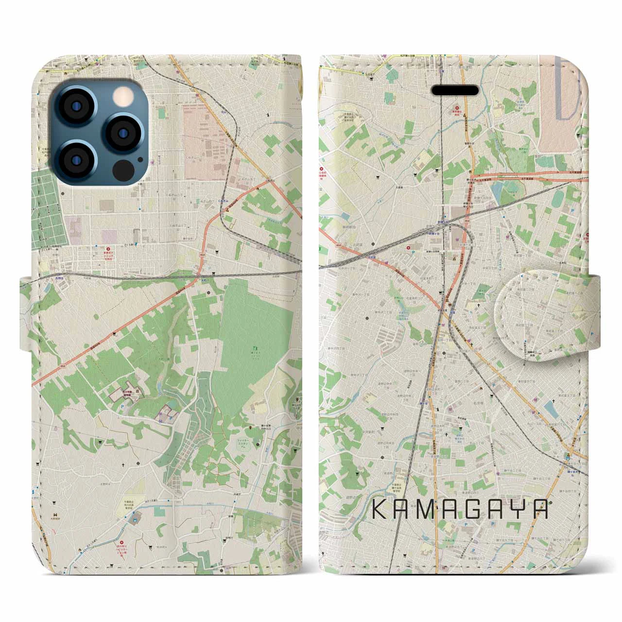 【鎌ケ谷(千葉県)】地図柄iPhoneケース(手帳タイプ)ナチュラル・iPhone 12 / 12 Pro 用