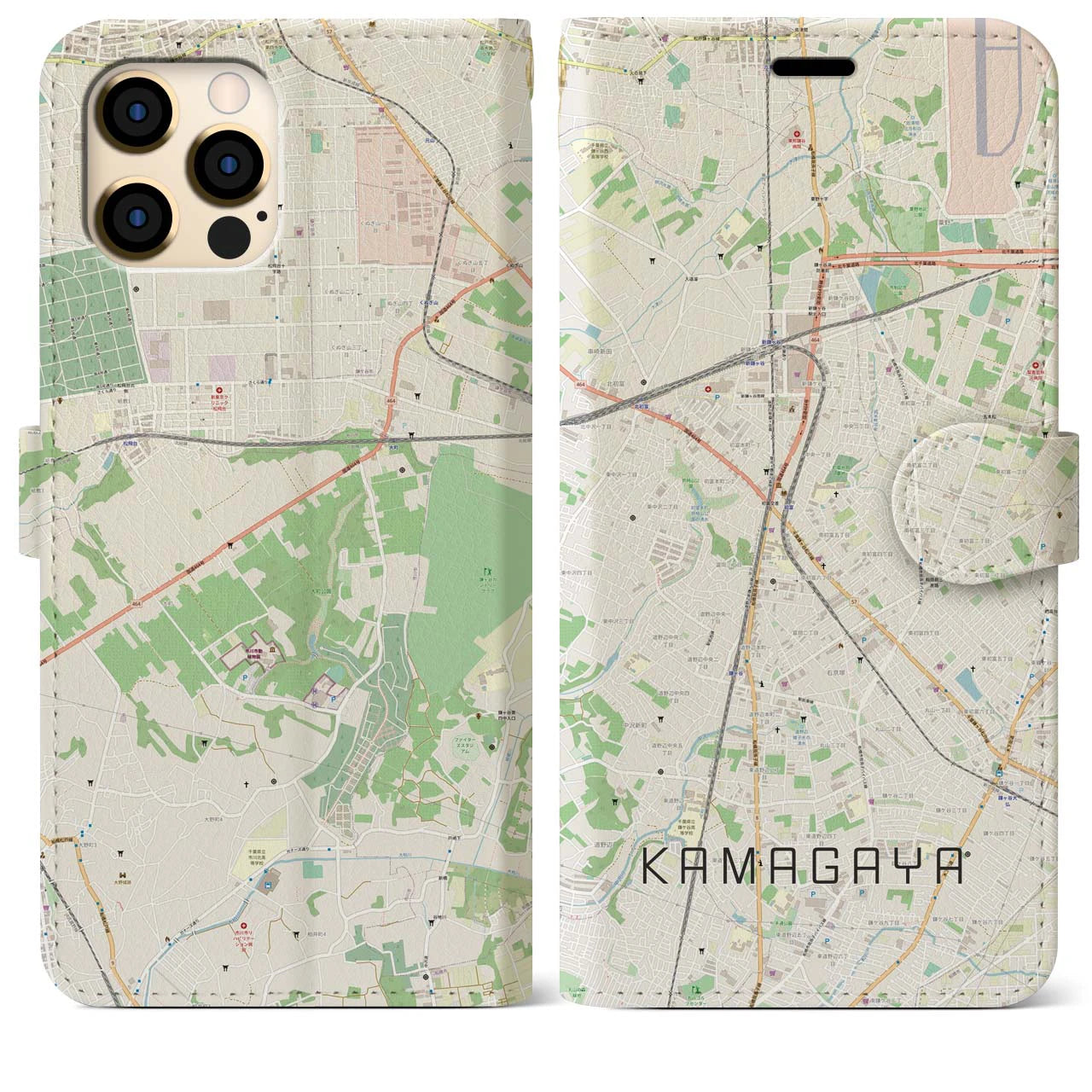 【鎌ケ谷(千葉県)】地図柄iPhoneケース(手帳タイプ)ナチュラル・iPhone 12 Pro Max 用
