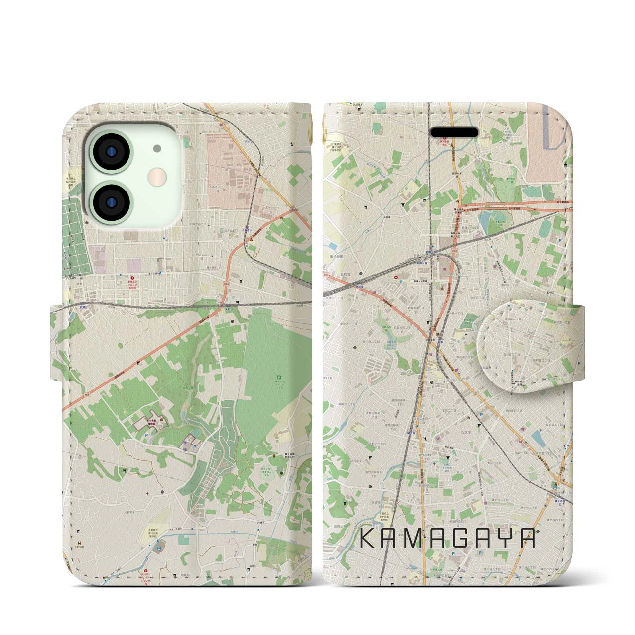 【鎌ケ谷(千葉県)】地図柄iPhoneケース(手帳タイプ)ナチュラル・iPhone 12 mini 用