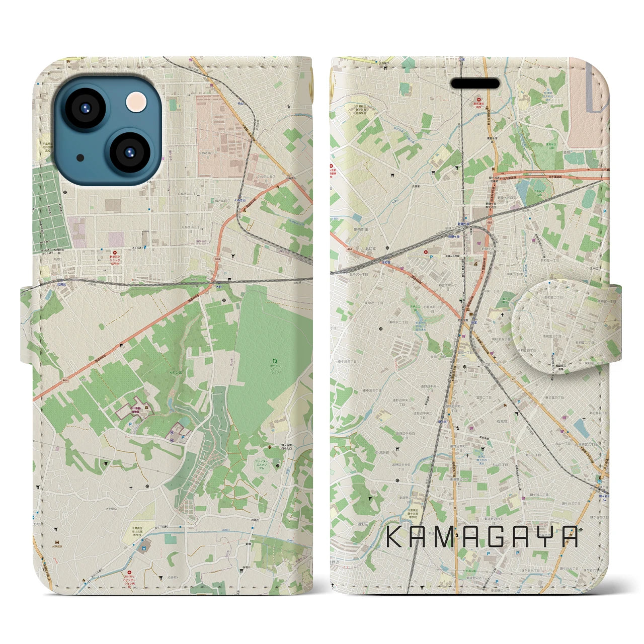 【鎌ケ谷(千葉県)】地図柄iPhoneケース(手帳タイプ)ナチュラル・iPhone 13 用
