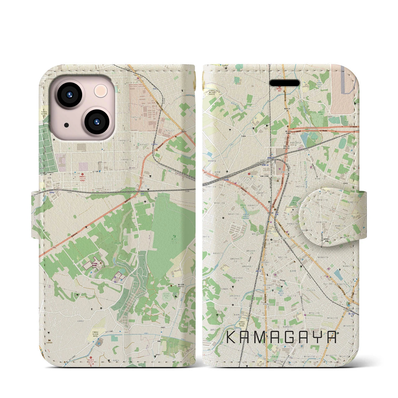 【鎌ケ谷(千葉県)】地図柄iPhoneケース(手帳タイプ)ナチュラル・iPhone 13 mini 用