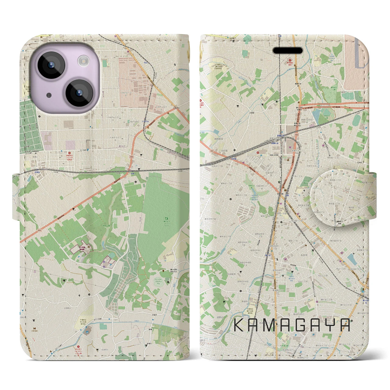【鎌ケ谷(千葉県)】地図柄iPhoneケース(手帳タイプ)ナチュラル・iPhone 14 用