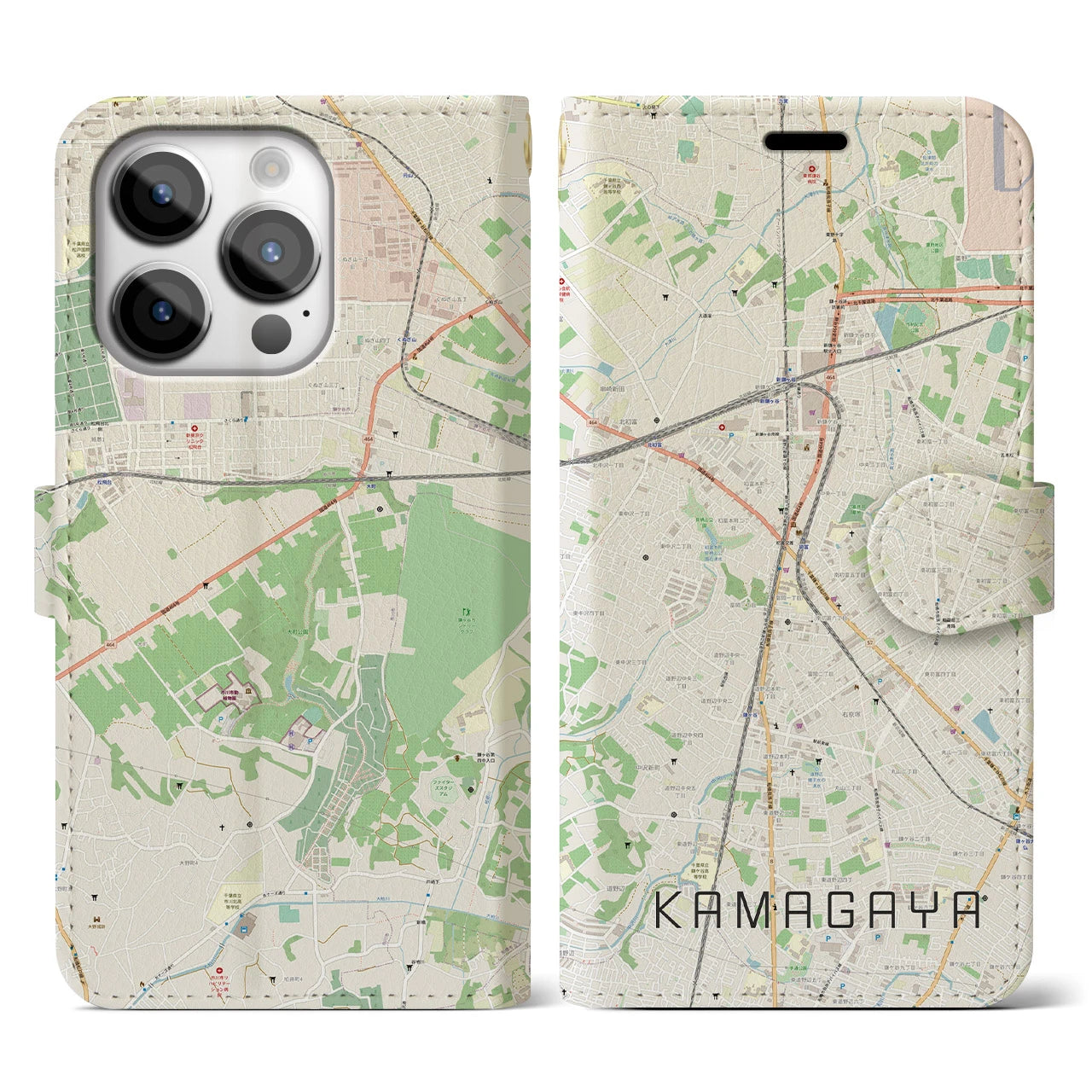 【鎌ケ谷(千葉県)】地図柄iPhoneケース(手帳タイプ)ナチュラル・iPhone 14 Pro 用