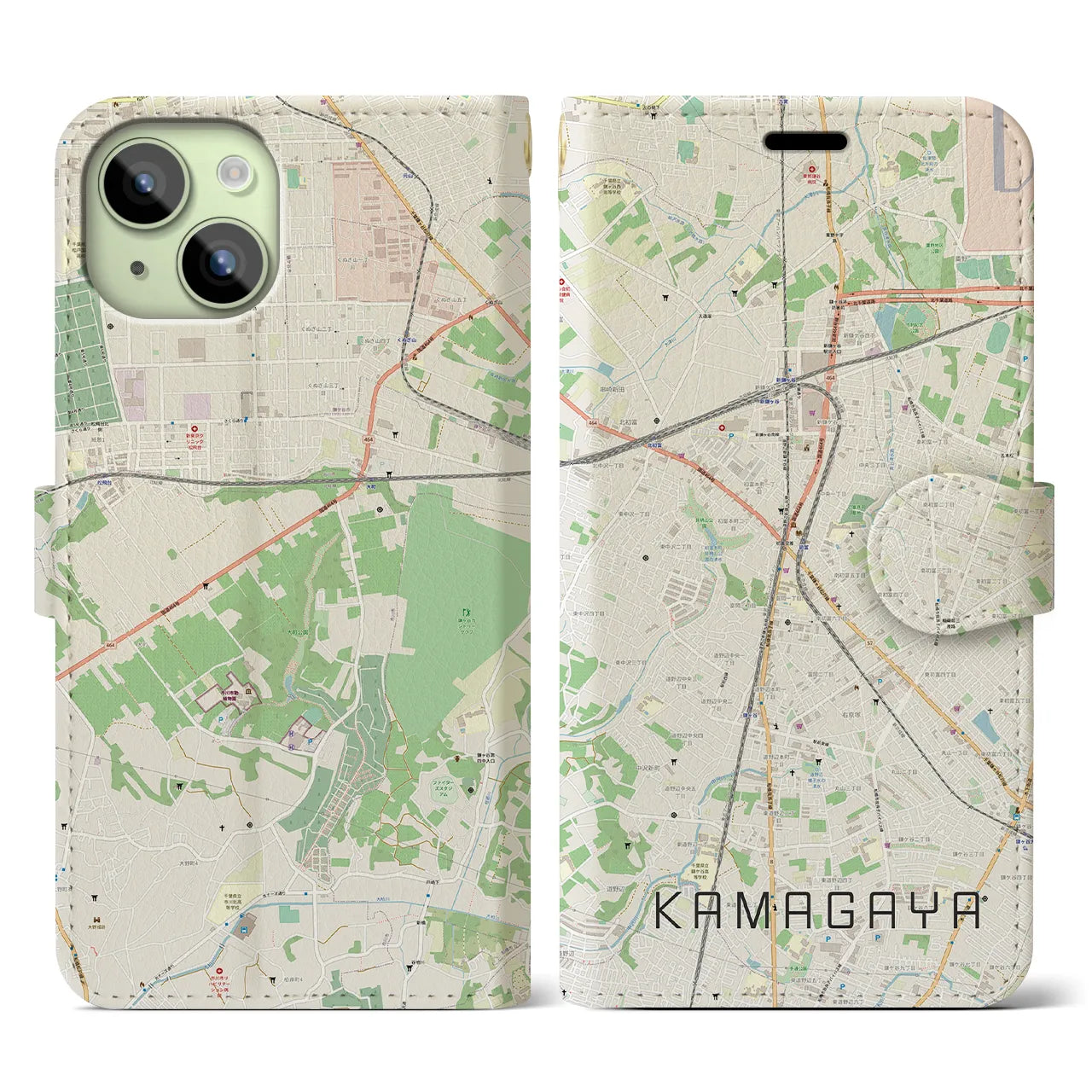【鎌ケ谷(千葉県)】地図柄iPhoneケース(手帳タイプ)ナチュラル・iPhone 15 用