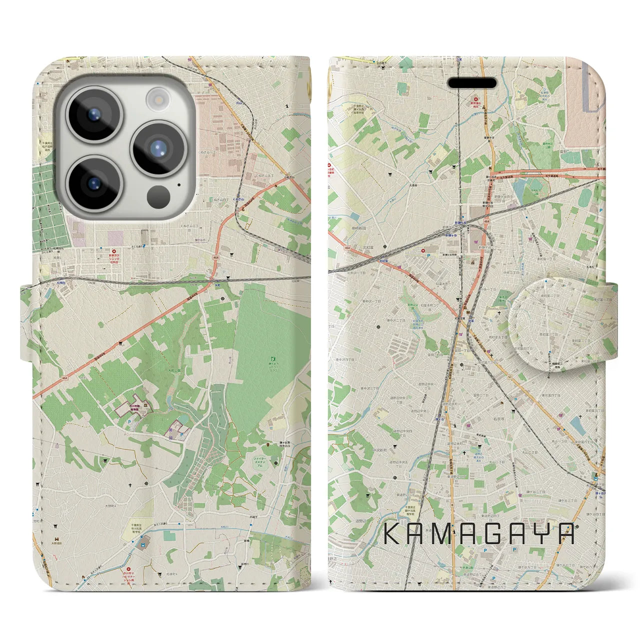 【鎌ケ谷(千葉県)】地図柄iPhoneケース(手帳タイプ)ナチュラル・iPhone 15 Pro 用