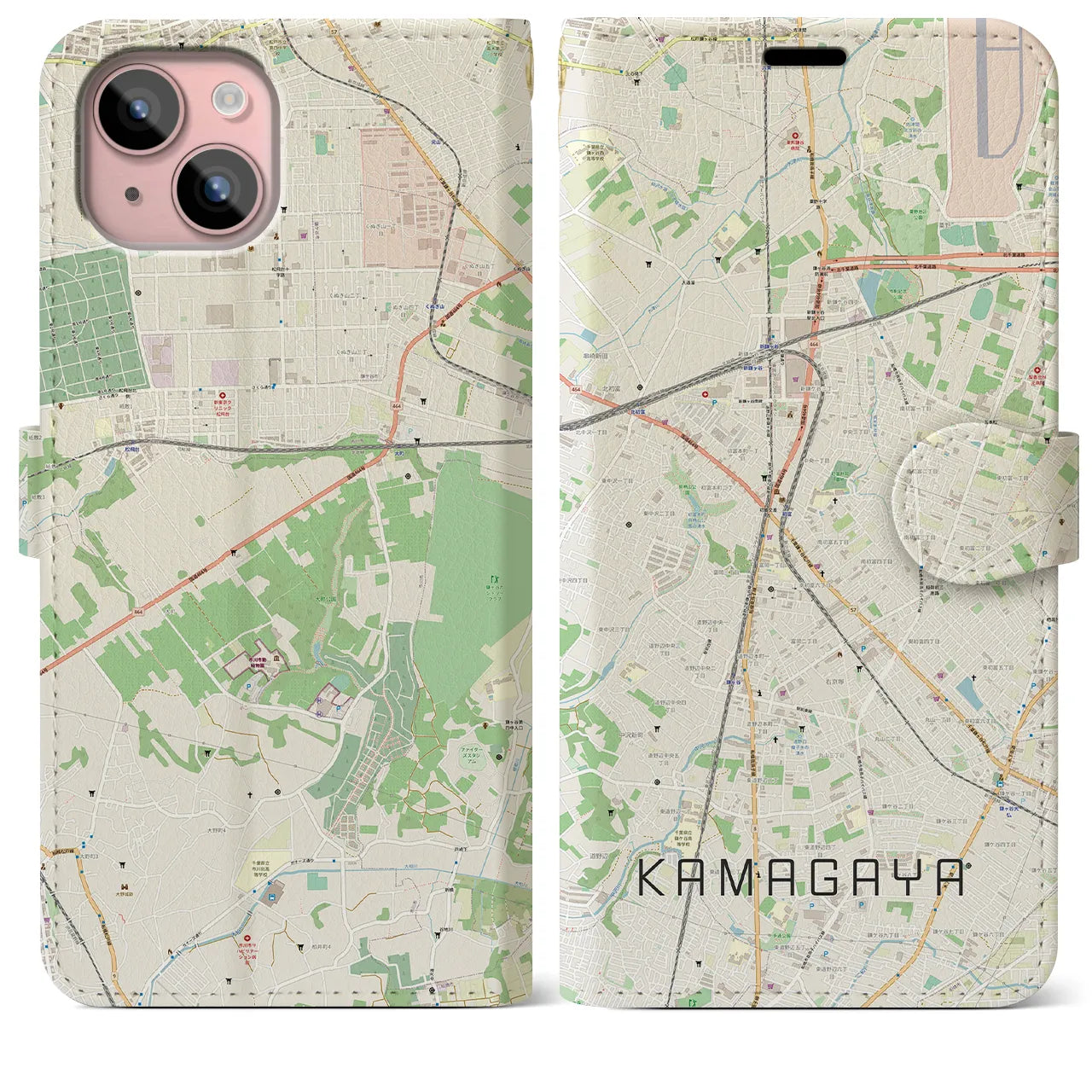 【鎌ケ谷(千葉県)】地図柄iPhoneケース(手帳タイプ)ナチュラル・iPhone 15 Plus 用