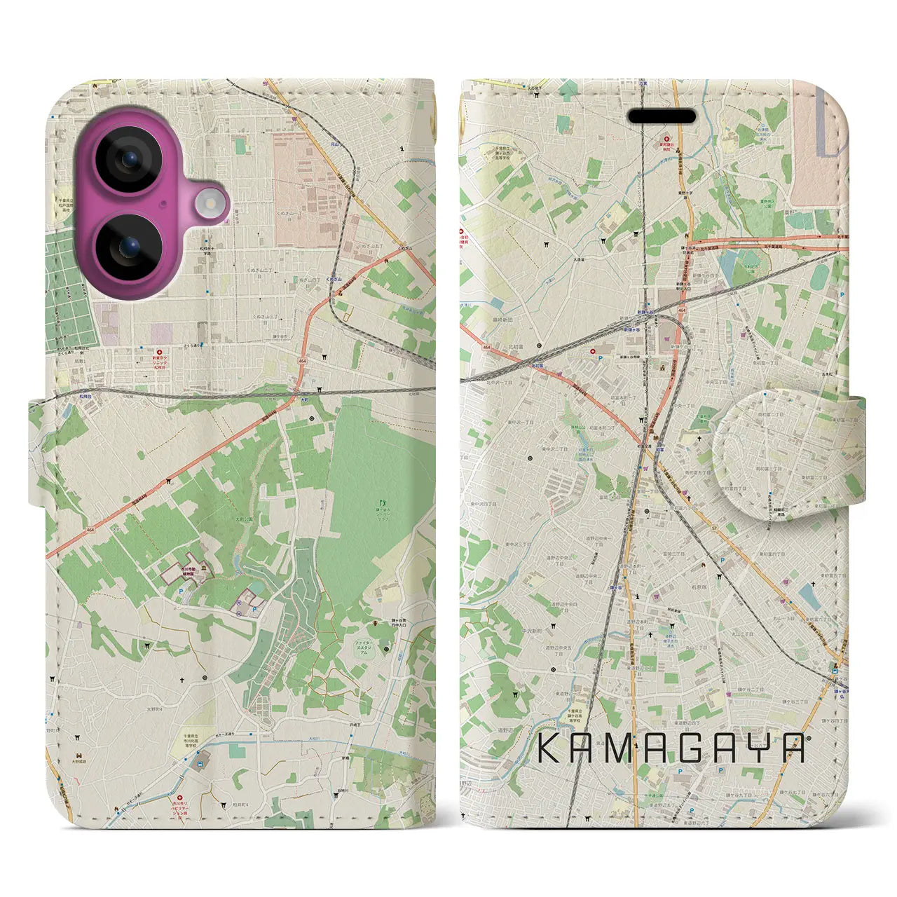 【鎌ケ谷(千葉県)】地図柄iPhoneケース(手帳タイプ)ナチュラル・iPhone 16 Pro 用