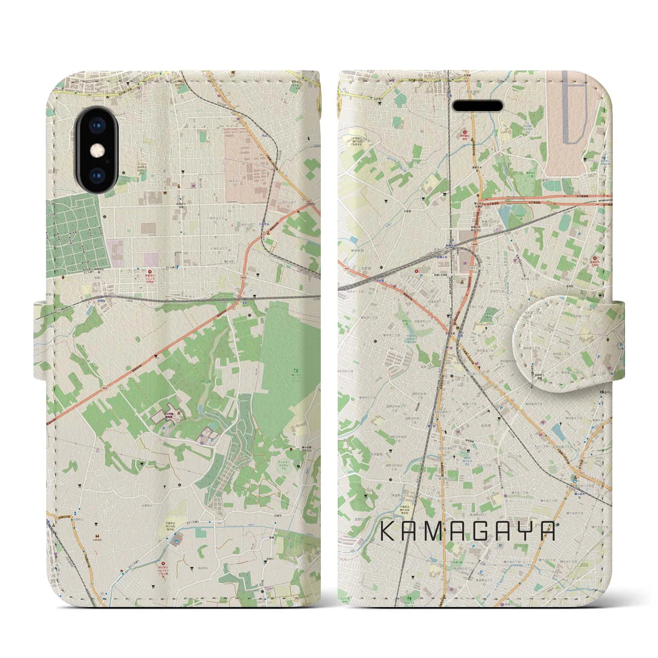 【鎌ケ谷(千葉県)】地図柄iPhoneケース(手帳タイプ)ナチュラル・iPhone XS / X 用