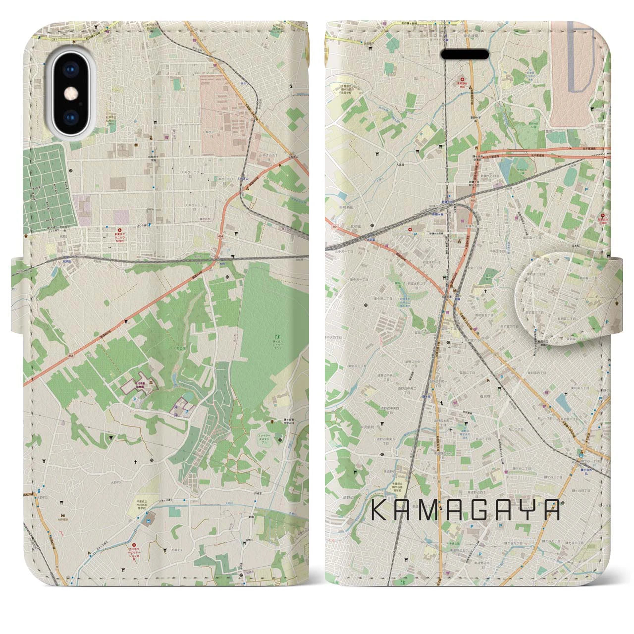 【鎌ケ谷(千葉県)】地図柄iPhoneケース(手帳タイプ)ナチュラル・iPhone XS Max 用