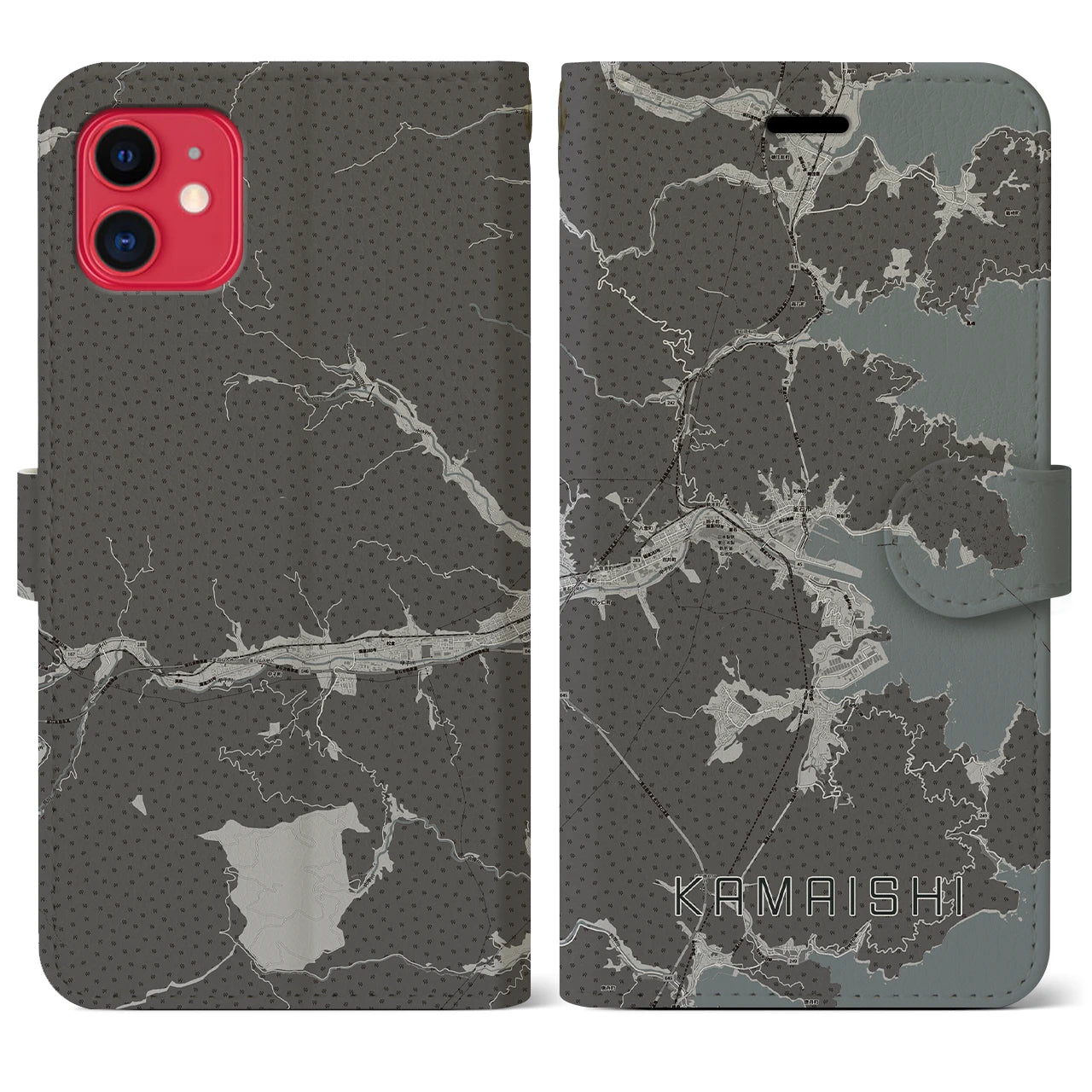 【釜石(岩手県)】地図柄iPhoneケース(手帳タイプ)モノトーン・iPhone 11 用