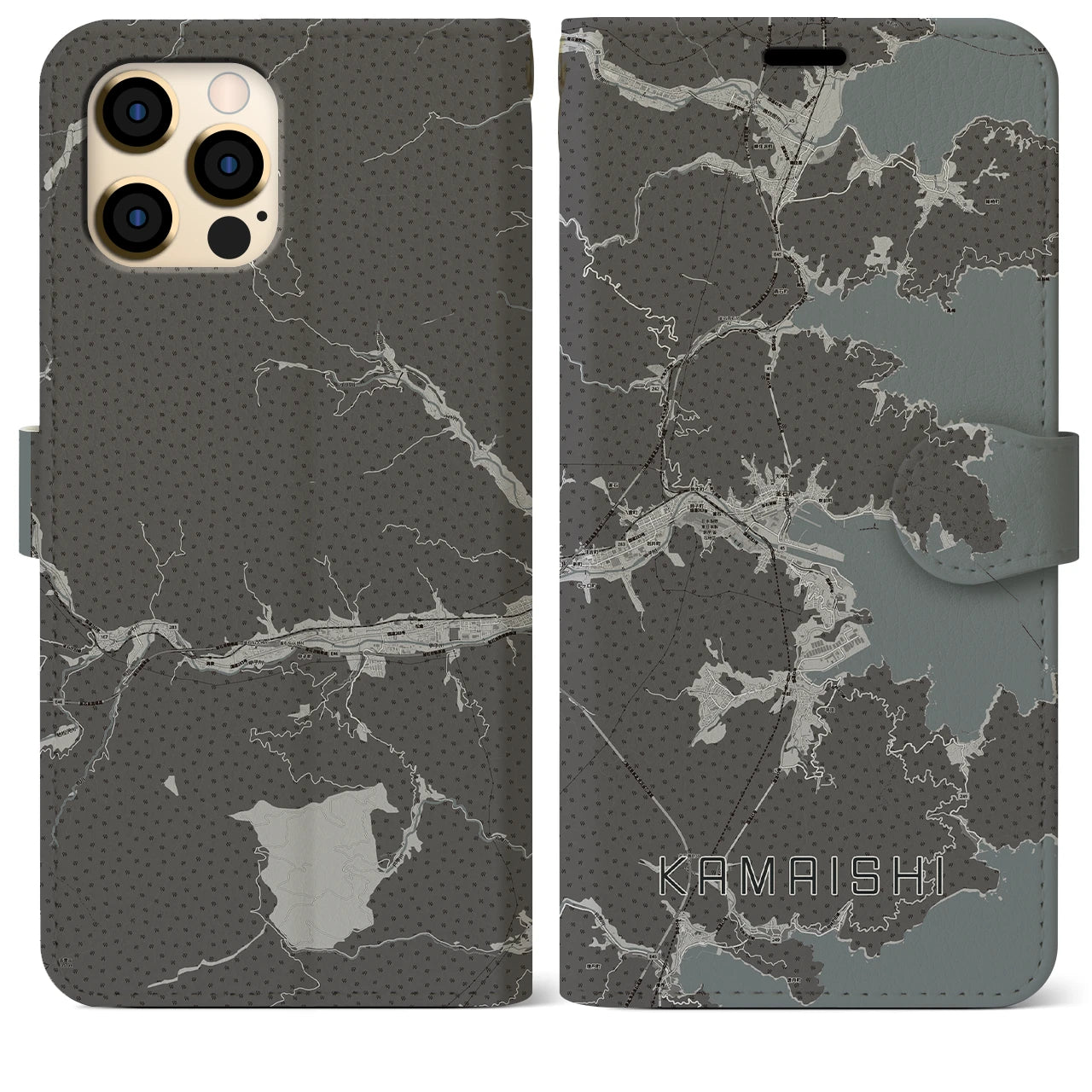 【釜石(岩手県)】地図柄iPhoneケース(手帳タイプ)モノトーン・iPhone 12 Pro Max 用