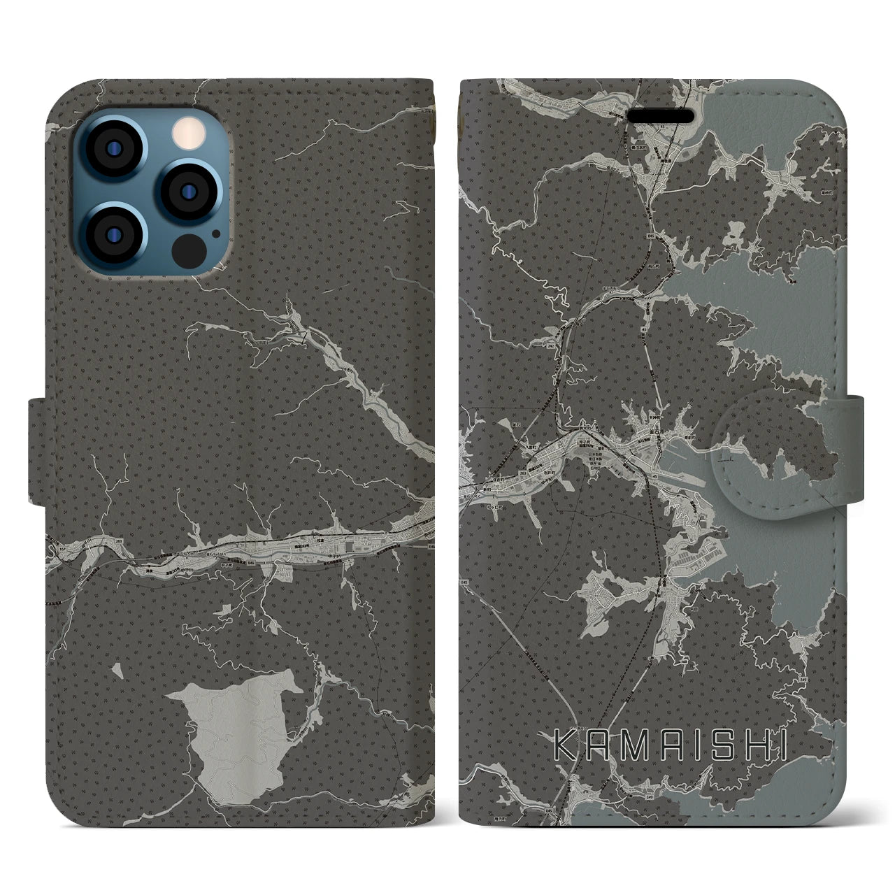 【釜石(岩手県)】地図柄iPhoneケース(手帳タイプ)モノトーン・iPhone 12 / 12 Pro 用