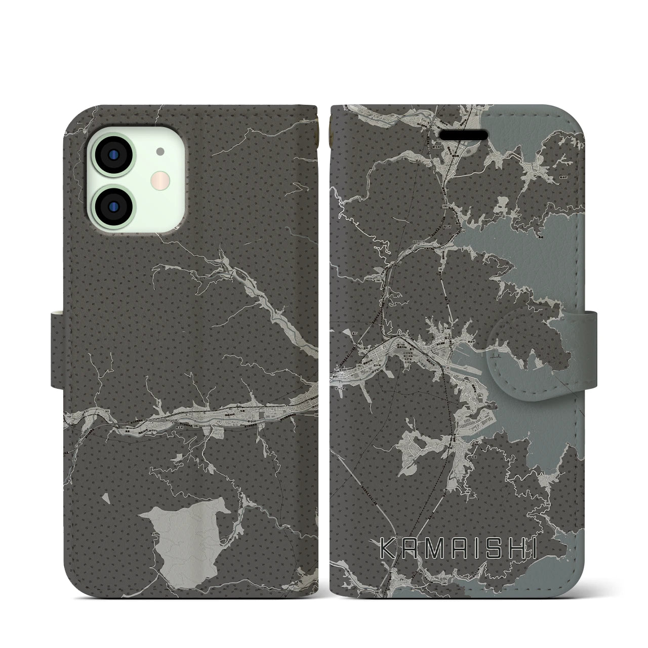【釜石(岩手県)】地図柄iPhoneケース(手帳タイプ)モノトーン・iPhone 12 mini 用