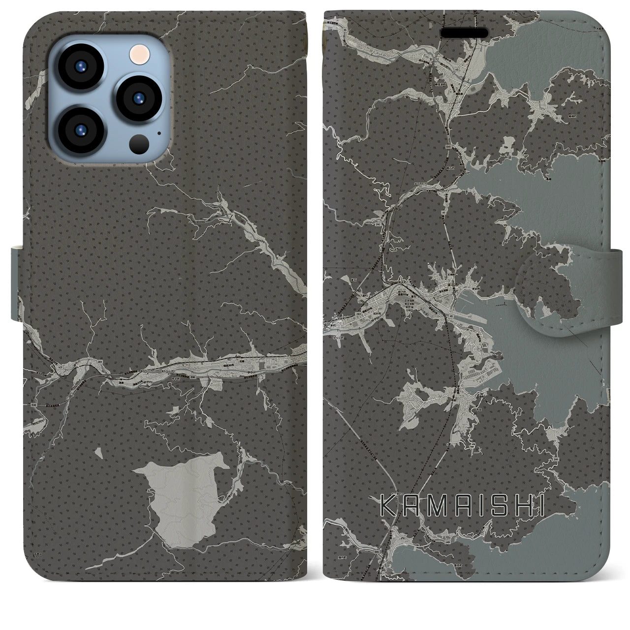 【釜石(岩手県)】地図柄iPhoneケース(手帳タイプ)モノトーン・iPhone 13 Pro Max 用