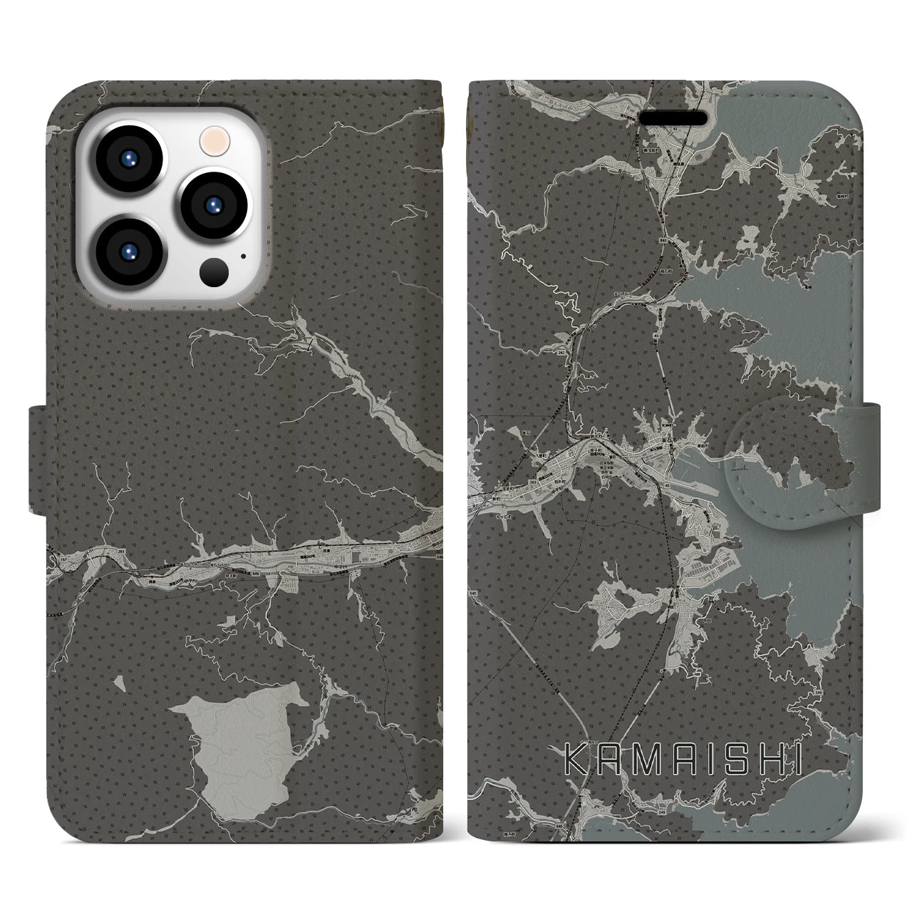 【釜石(岩手県)】地図柄iPhoneケース(手帳タイプ)モノトーン・iPhone 13 Pro 用