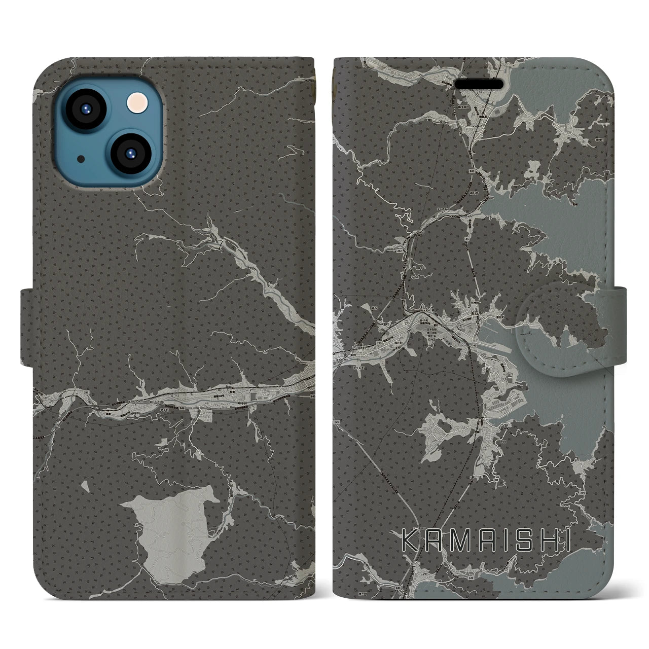 【釜石(岩手県)】地図柄iPhoneケース(手帳タイプ)モノトーン・iPhone 13 用